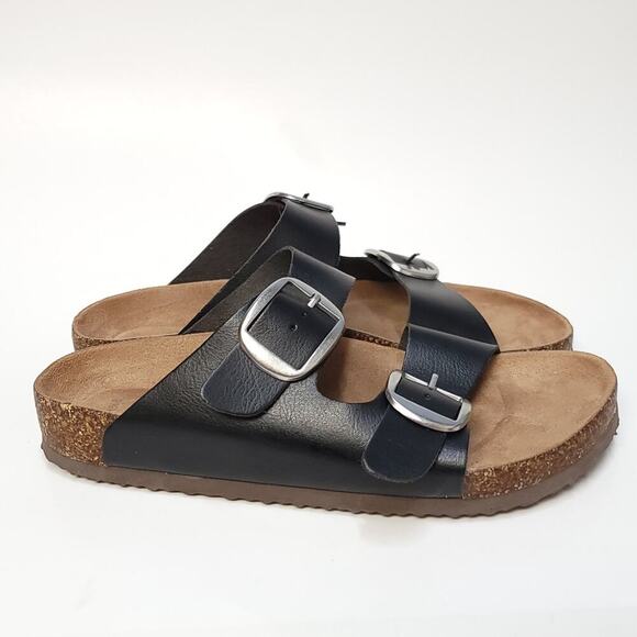 Time & Tru Black Sandals Size 9.5 Faux Leather Adjustable Buckle Slip-On Slide - Picture 5 of 12